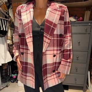 7 For All Mankind Burgundy and Cream Plaid Jacket